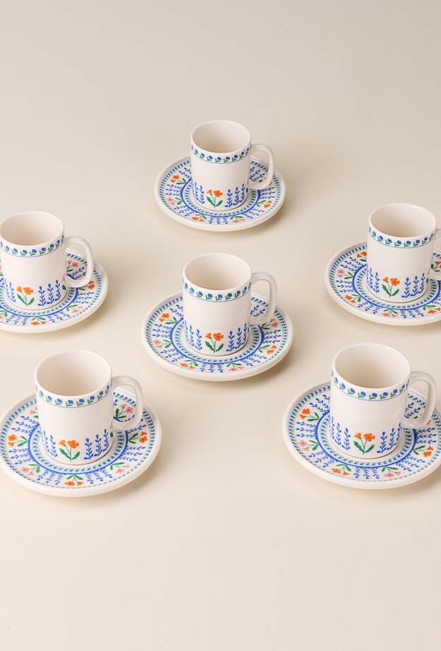 Evidea Kitchen Blue Flower 12 Parça 6 Kişilik Kahve Fincanı - Renkli - 90 ml