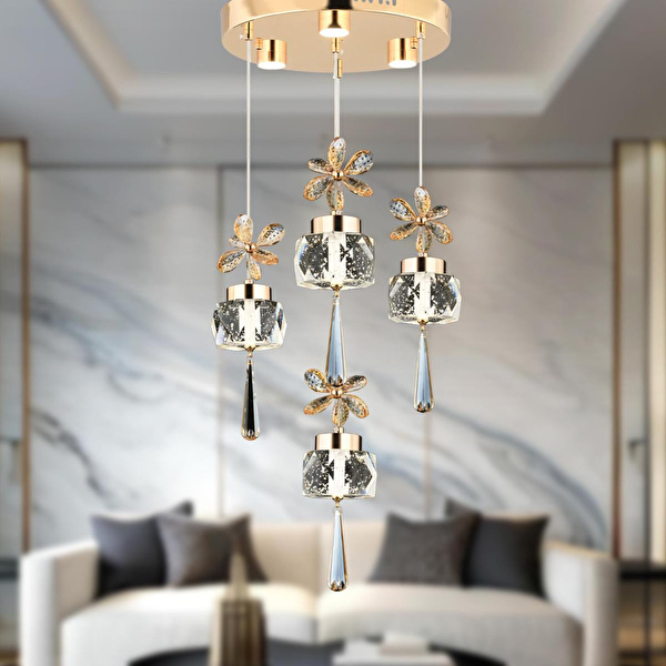 Apliqa Amaris 4'lü Yuvarlak 3 Renkli 52 Watt Gold Kelebek Led Avize Kristal Ledli Modern Oturma Odası Salon Sarkıt Avize