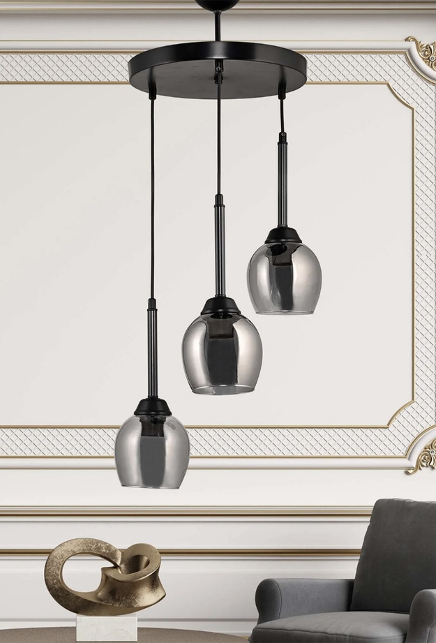 Safir Light Füme Camlı Tepsili 3'lü Avize - Siyah