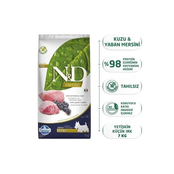 N&D Prime Mini Kuzu Etli ve Yaban Mersinli Küçük Irk Tahılsız Yetişkin Köpek Maması 7kg