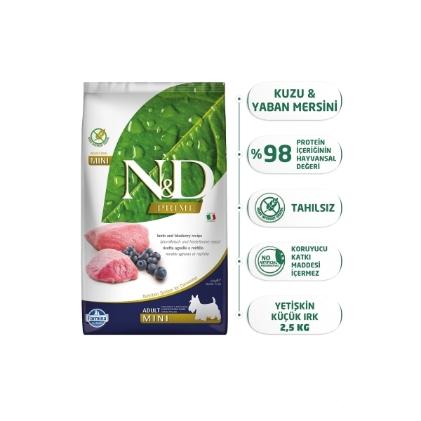 N&D Prime Mini Kuzu Etli ve Yaban Mersinli Küçük Irk Tahılsız Yetişkin Köpek Maması 2,5kg