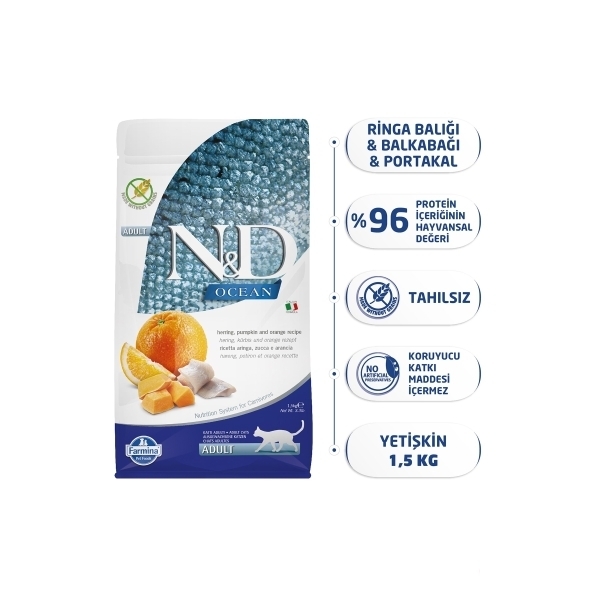 N&D Ocean Ringa Balıklı Bal Kabaklı ve Portakallı Tahılsız Yetişkin Kedi Maması 1,5kg