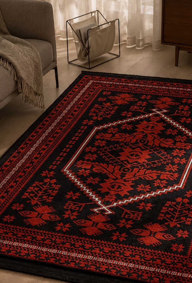 Evidea Soft Ruby Afgan Desenli Halı - Kırmızı - 120x180 cm