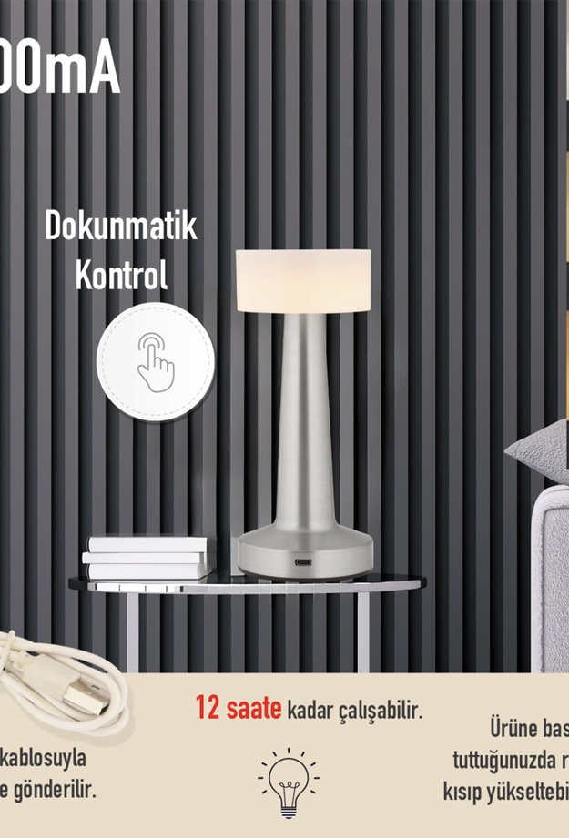 Apliqa Retus Nikel Dokunmatik 3 Renkli Şarjlı Dekoratif Masa Lambası - Gümüş - 22 cm