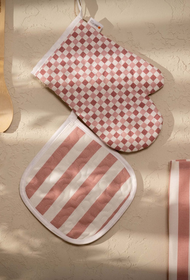 Evidea Soft Riga Fırın Eldiveni ve Tutaç Set - Pembe / Ekru - 17x28 cm + 20x20 cm
