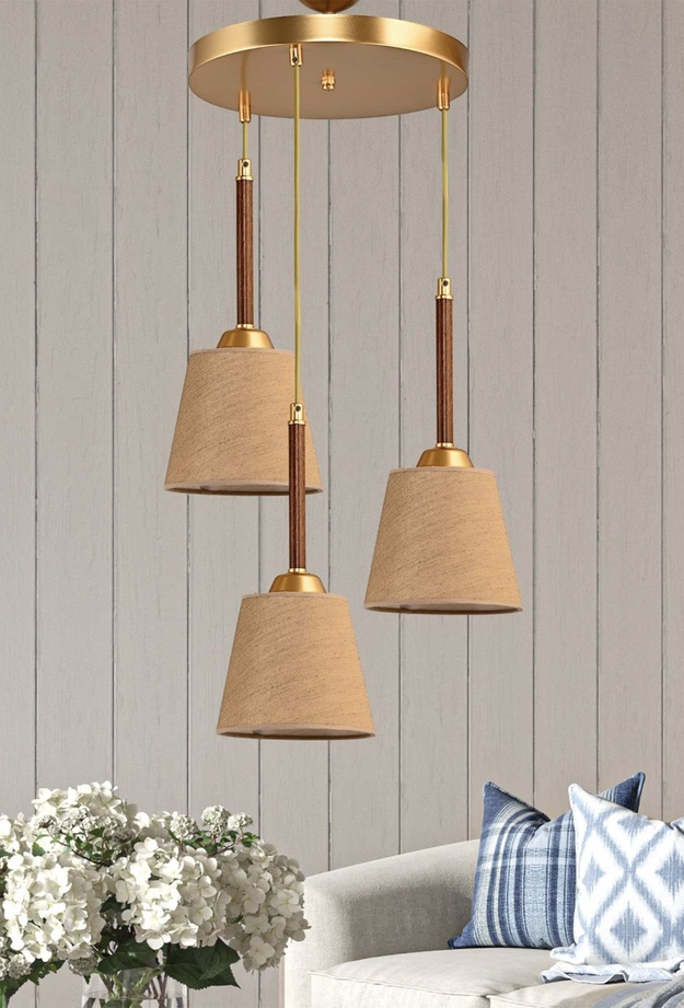 Safir Light Kumaş Şapkalı Tepsili 3'lü Avize - Gold
