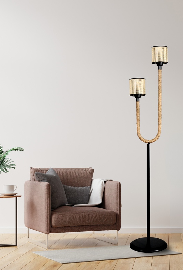 Correx Palmera Halat Detaylı Metal Ayaklı Bohem Rustik Hasır Lambader - Siyah - 170 cm