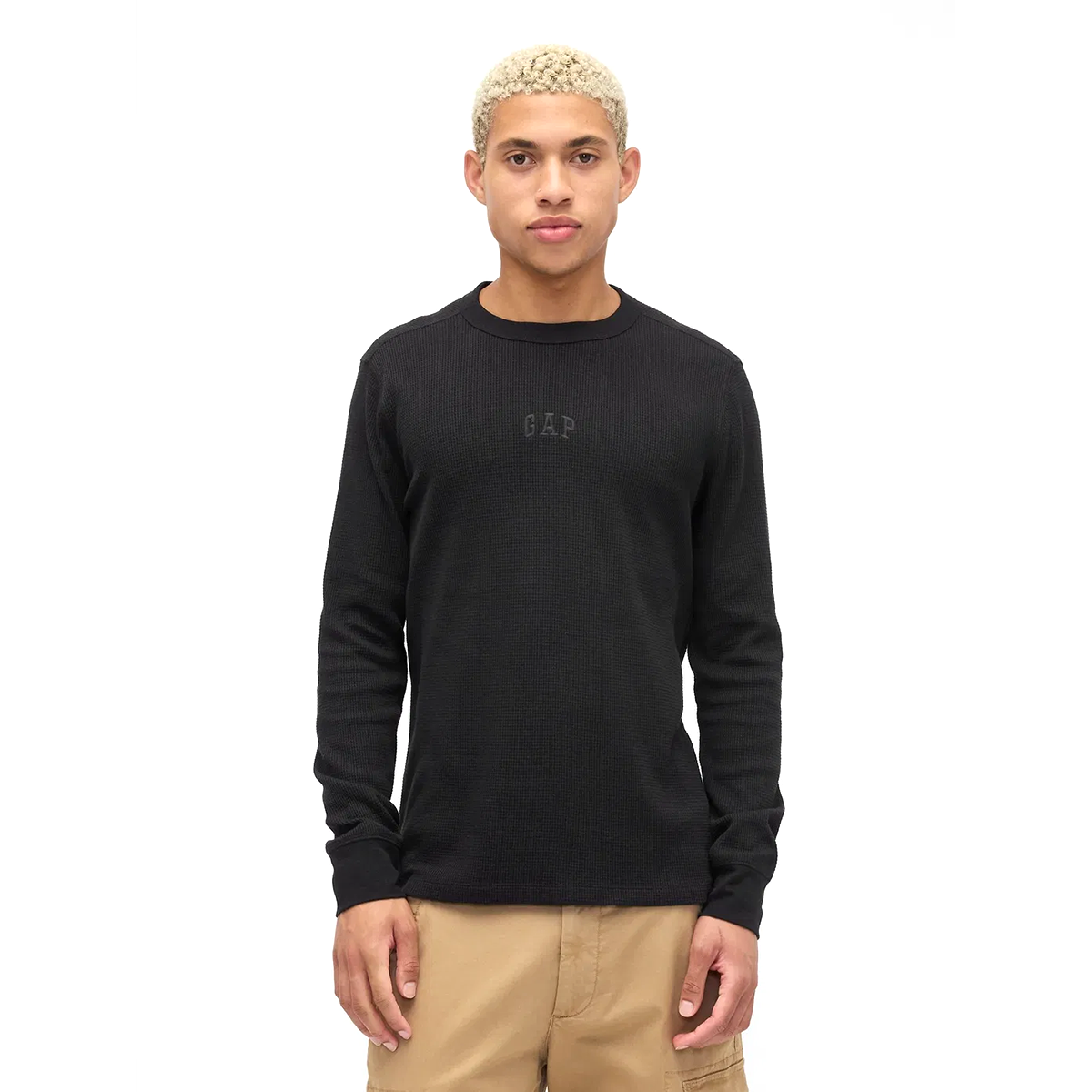 V-Frch Ls Waffle Mini Logo Crew Erkek Siyah Günlük Stil T-Shirt 795644002