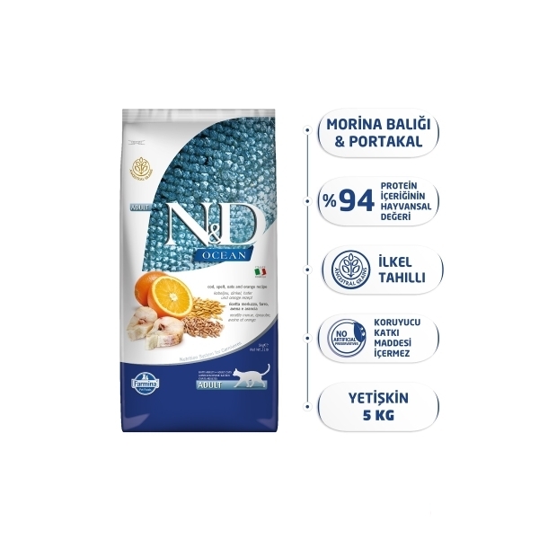 N&D Ocean Morina Balıklı ve Portakallı Yetişkin Kedi Maması 5kg