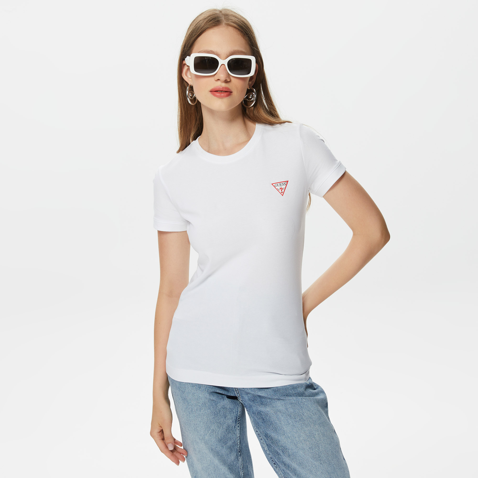 Guess Mini Triangle Kadın Beyaz T-Shirt