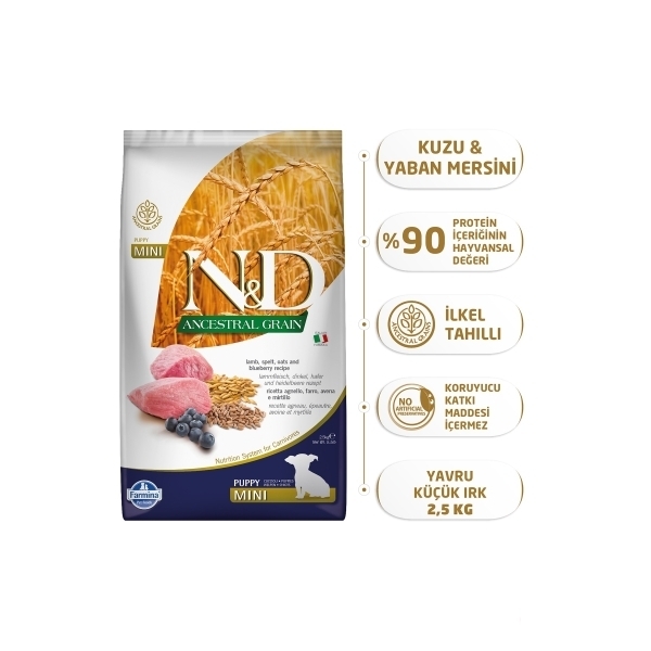 N&D Ancestral Grain Mini Kuzu Etli ve Yaban Mersinli Küçük Irk Yavru Köpek Maması 2,5kg