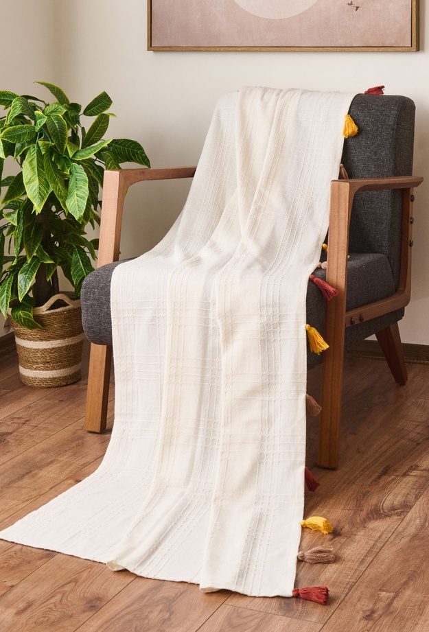 Evidea Soft Püsküllü Koltuk Örtüsü - Ekru - 90x210 cm