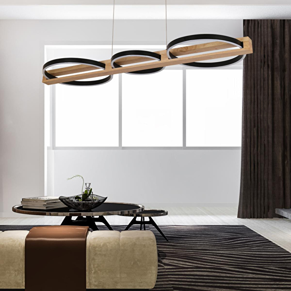 Apliqa Almina 36 Watt Siyah Yuvarlak Sıralı Ahşap Desenli Modern Salon Led Sarkıt Avize