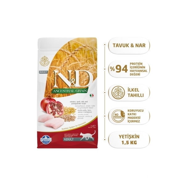 N&D Ancestral Grain Tavuklu ve Narlı Yetişkin Kedi Maması 1,5kg