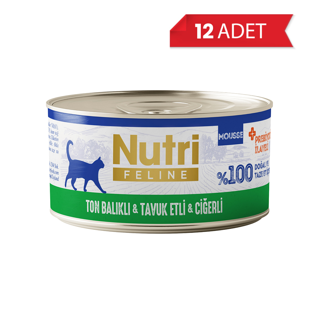 Nutri Feline Mousse Ton Balıklı Tavuk Etli ve Ciğerli Prebiyotikli Kedi Konservesi 70gr (12 Adet)