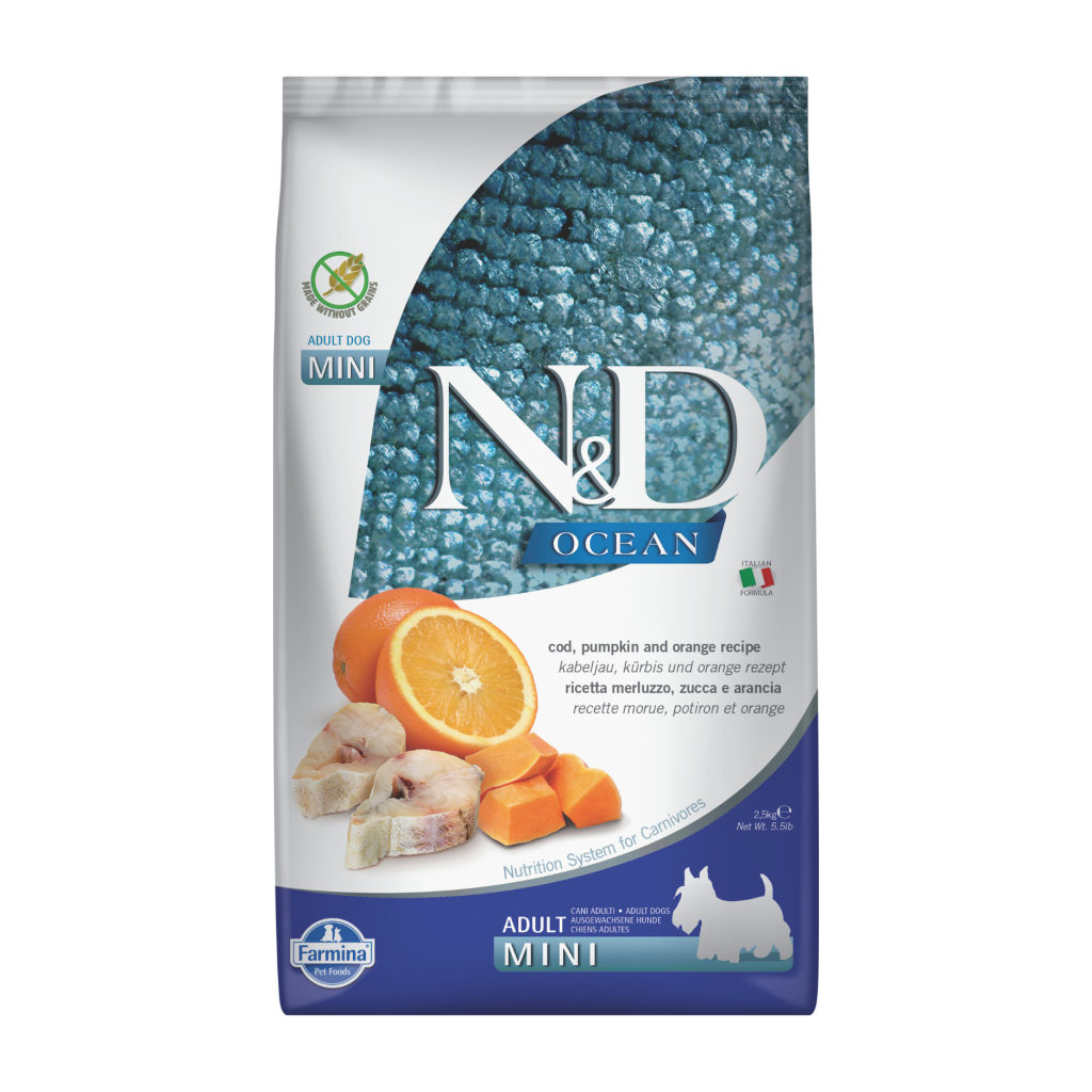 N&D Ocean Mini Bal Kabak Morina Balıklı ve Portakallı Küçük Irk Tahılsız Yetişkin Köpek Maması 2,5kg