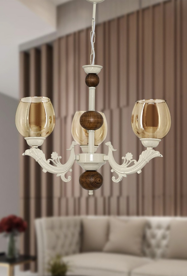 Safir Light Sava Üç Kollu Bal Camlı Zamak Avize - Krem / Bal