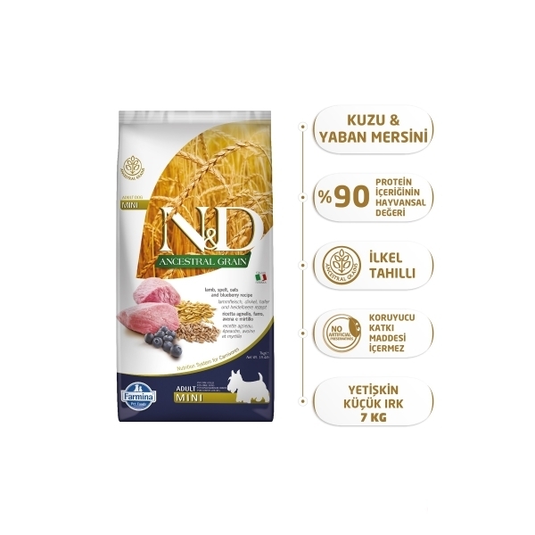 N&D Ancestral Grain Mini Kuzu Etli ve Yaban Mersinli Küçük Irk Yetişkin Köpek Maması 7kg