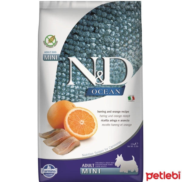 N&D Ocean Mini Ringa Balıklı ve Portakallı Tahılsız Küçük Irk Yetişkin Köpek Maması 2,5kg