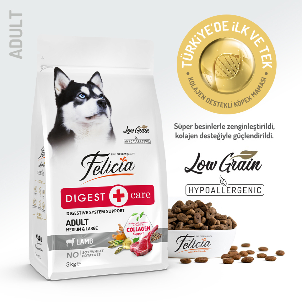 Felicia Digest Care Orta ve Büyük Irk Kuzulu Düşük Tahıllı Yetişkin Köpek Maması 3kg