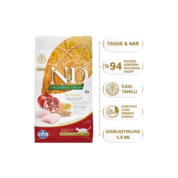 N&D Ancestral Grain Tavuklu ve Narlı Kısırlaştırılmış Kedi Maması 1,5kg