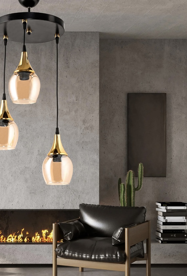 Safir Light Embudo Bal Camlı 3'lü Avize - Siyah
