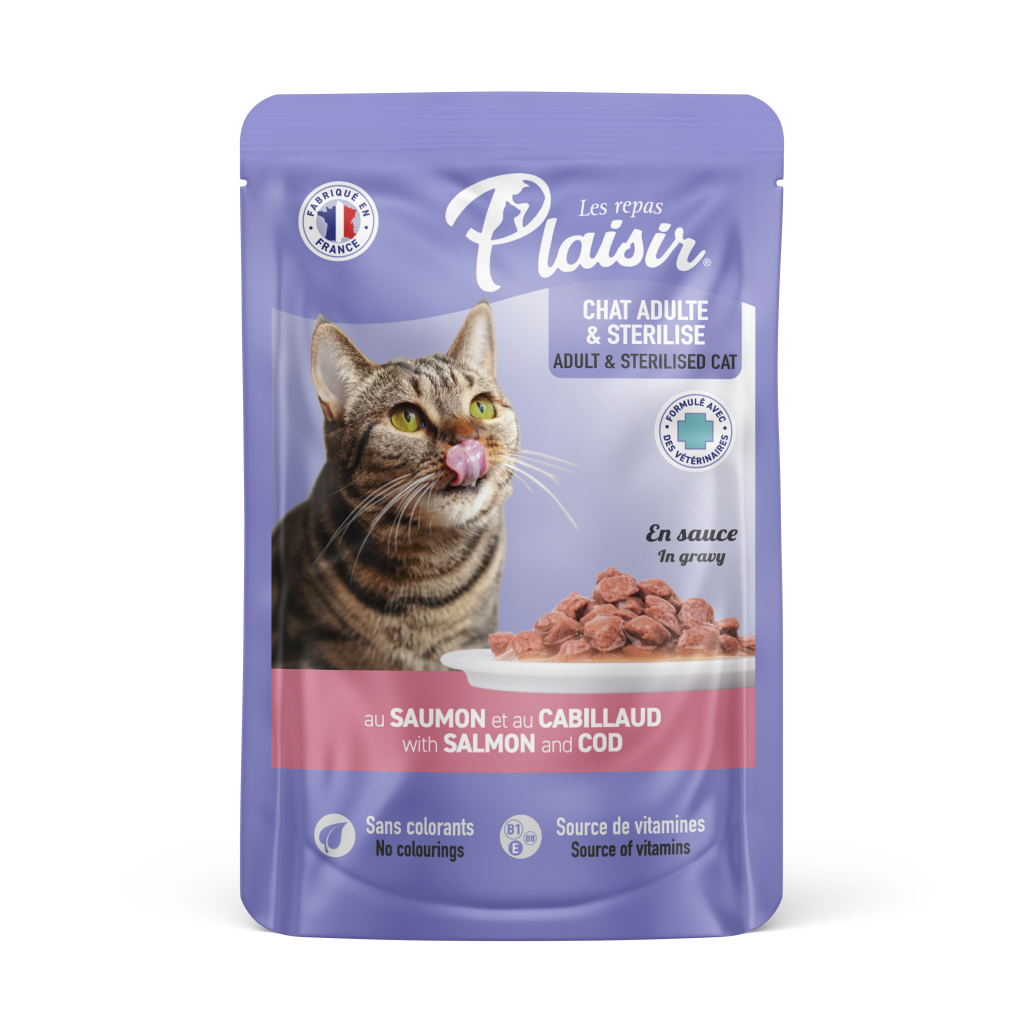 Plaisir Pouch Sos İçinde Somonlu ve Morina Balıklı Kısırlaştırılmış Kedi Konservesi 100gr