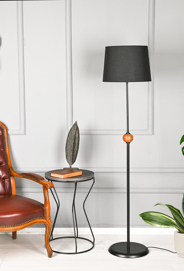 Safir Light Ahşap Detaylı Metal Lambader - Siyah - 155x37x37 cm