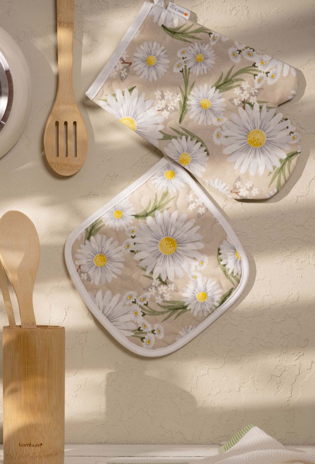 Evidea Soft Papatya Fırın Eldiveni ve Tutaç Set - Bej - 17x28 cm + 20x20 cm