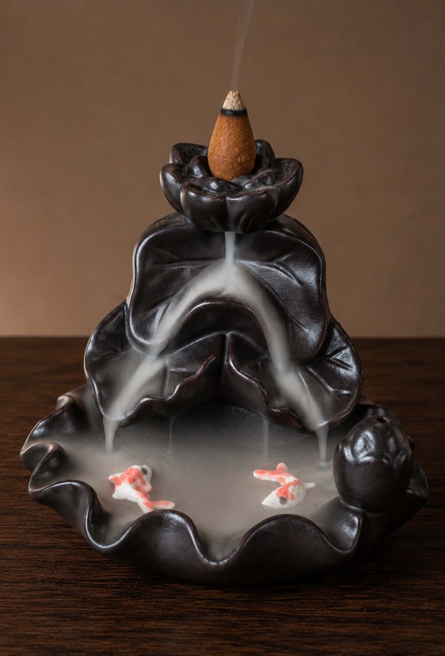 Mystica Seramik Çiçek Aromaterapi Geri Akışlı Tütsülük - Siyah - 8x9 cm