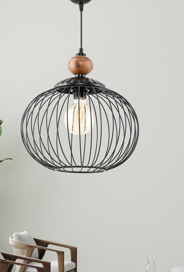 Safir Light Tikfa Ahşap Detaylı Tekli Sarkıt - Siyah