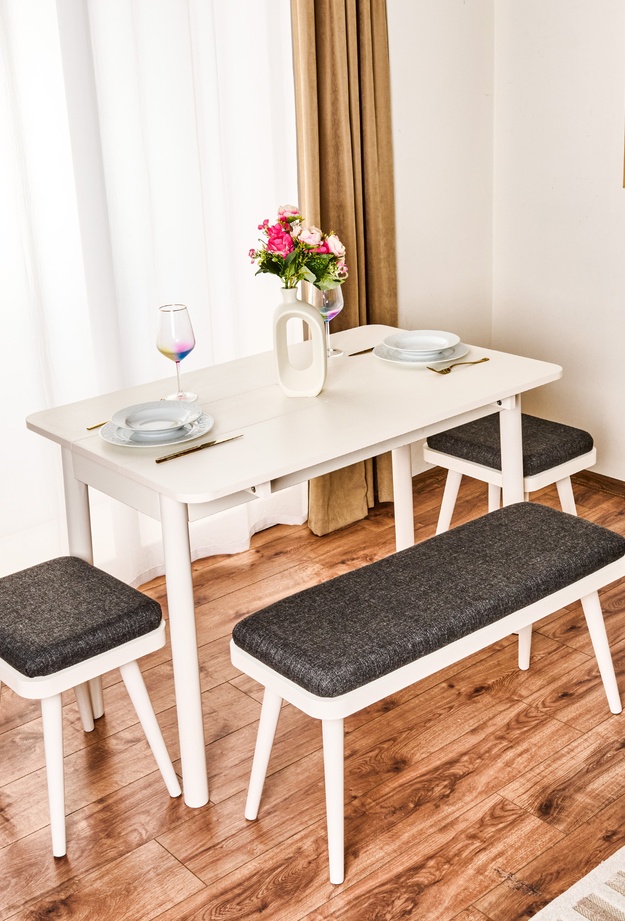 Just Home Bono Ortadan Açılır Masa Takımı - Sedef Krem / Antrasit - 110 cm