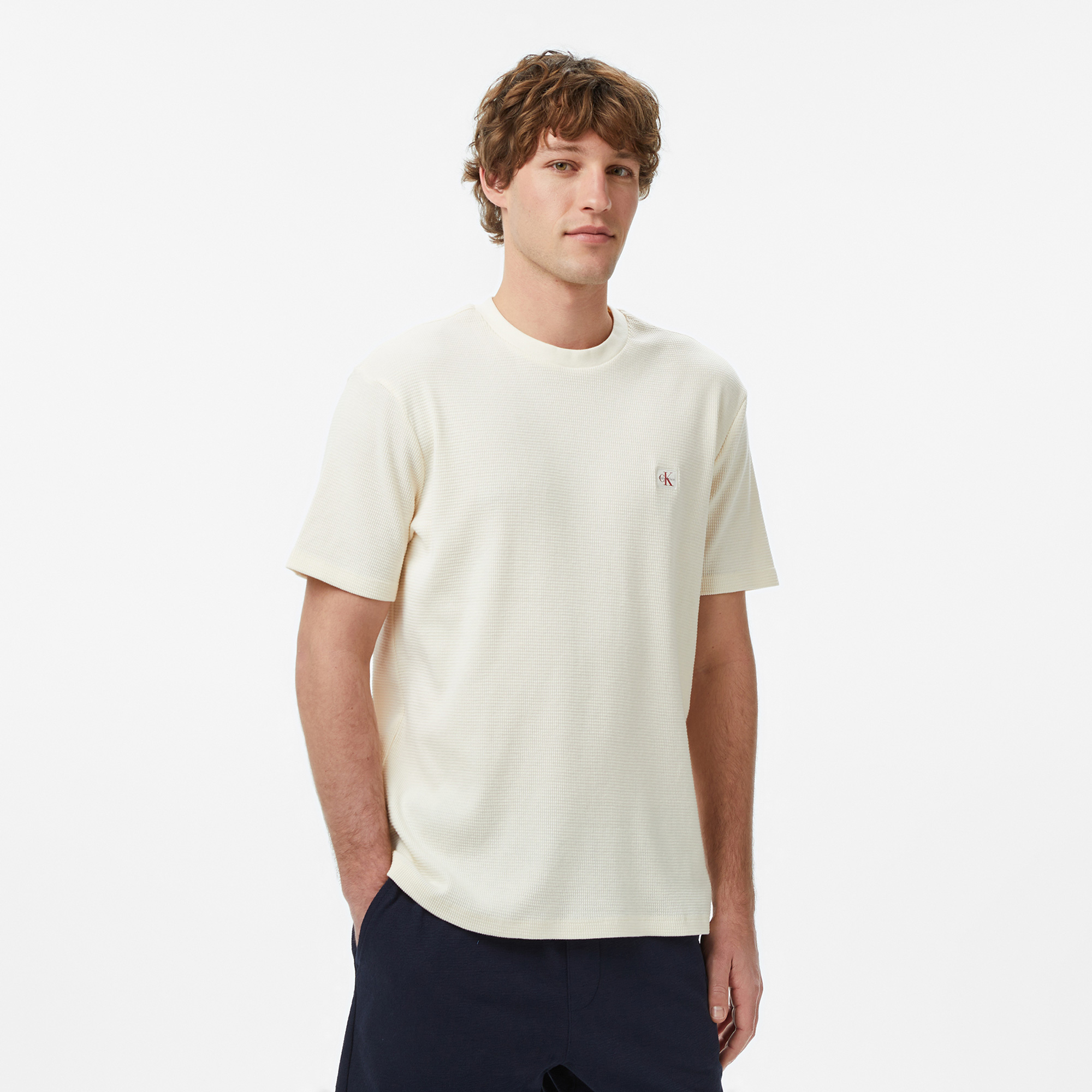 Calvin Klein Waffle Badge Crewnk Erkek Beyaz T-Shirt