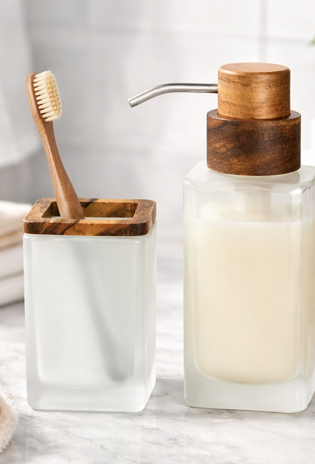Evidea Bath Ahşap Detaylı 2'li Banyo Sıvı Sabunluk Seti - Beyaz / Kahverengi