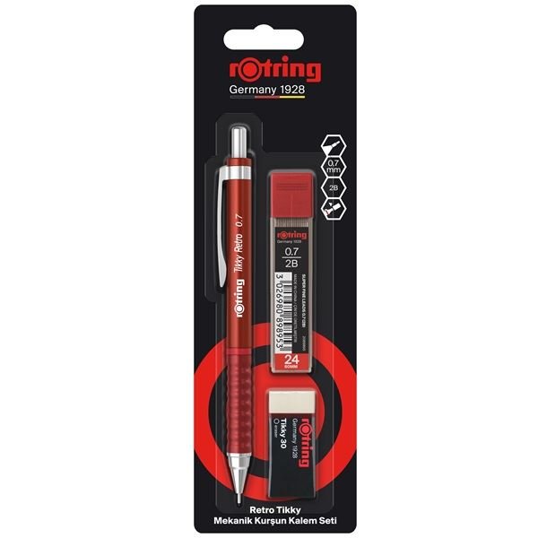 Rotring Retro Versatil Uçlu Kalem - Uç - Silgi 3'lü Okul Seti 0.7 Kırmızı