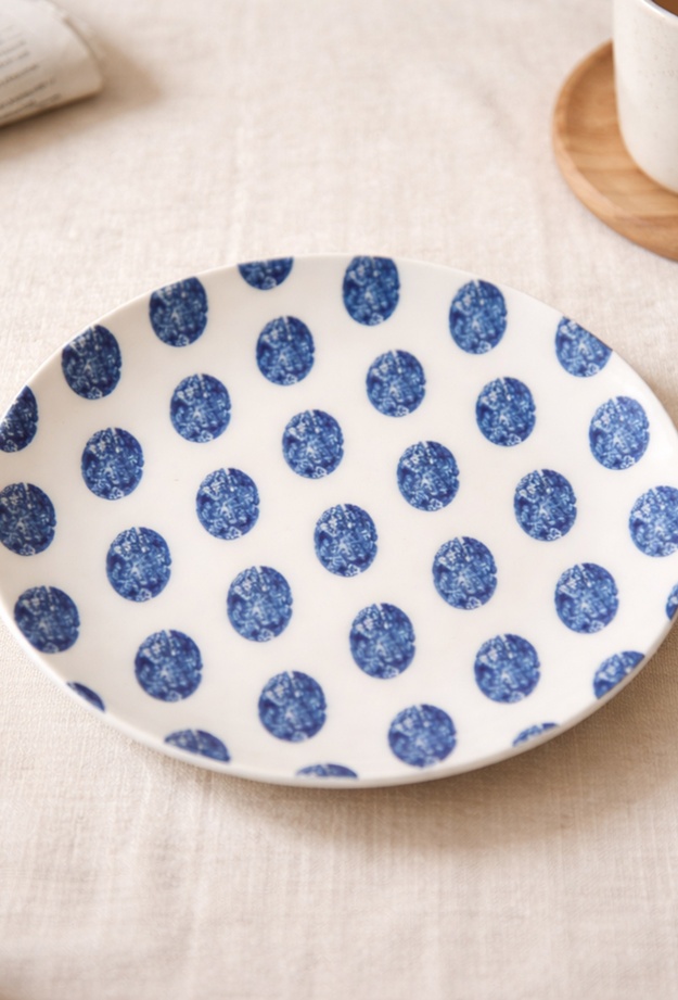 Tulu Porselen Madre Pasta Tabağı - Beyaz / Mavi - 19 cm