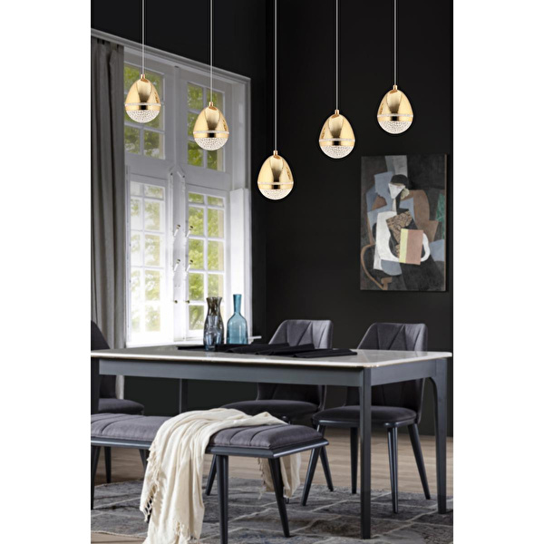 Apliqa Amaya 5'li Sıralı Gold Damla Başlıklı Modern Salon Led Avize