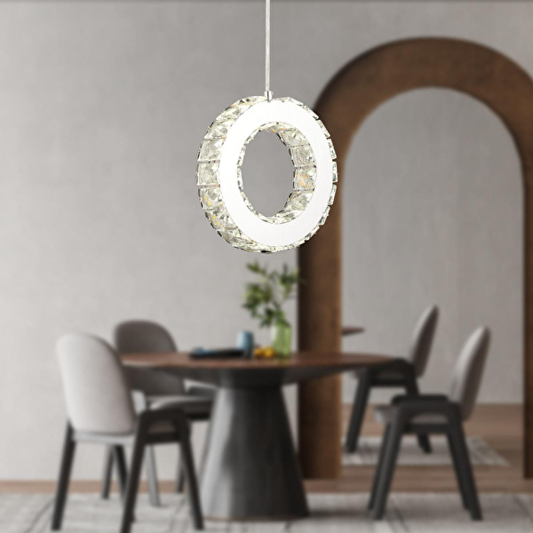 Apliqa Akanay Tekli Krom Ledli 3 Renkli Sarkıt Kristalli Taşlı Modern Tasarım Led Kristal Top Salon Avize